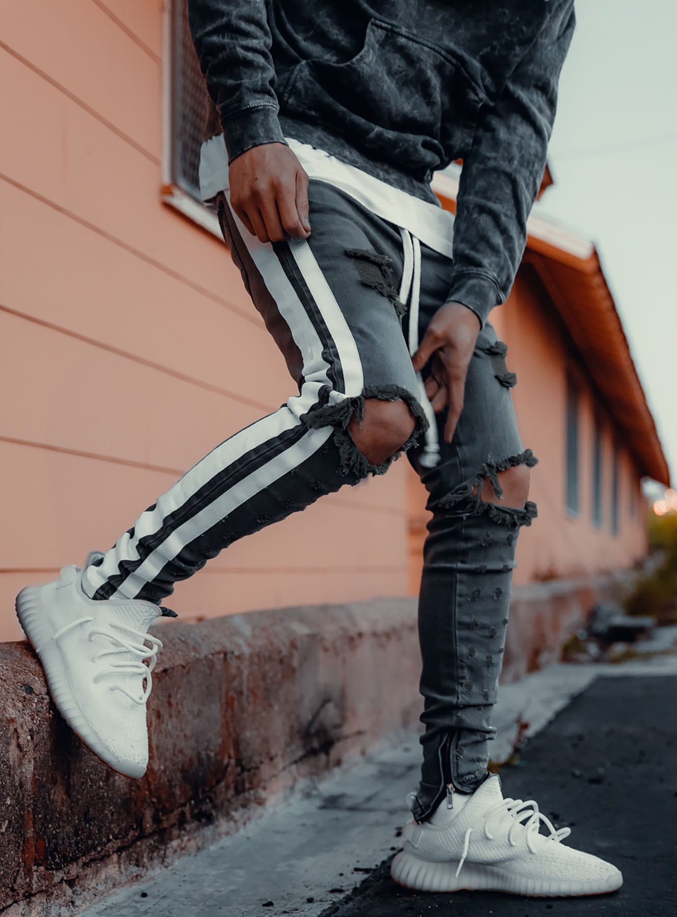 Double Striped Track Jeans V2 in Dark Grey and White