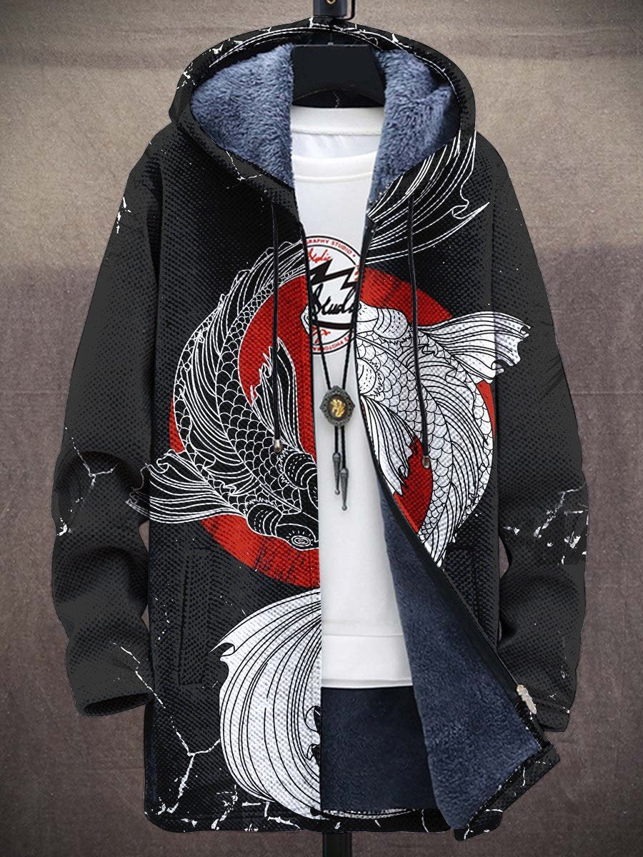 Men's Koi Illustration Art Thick Loose Long-Sleeved Coat