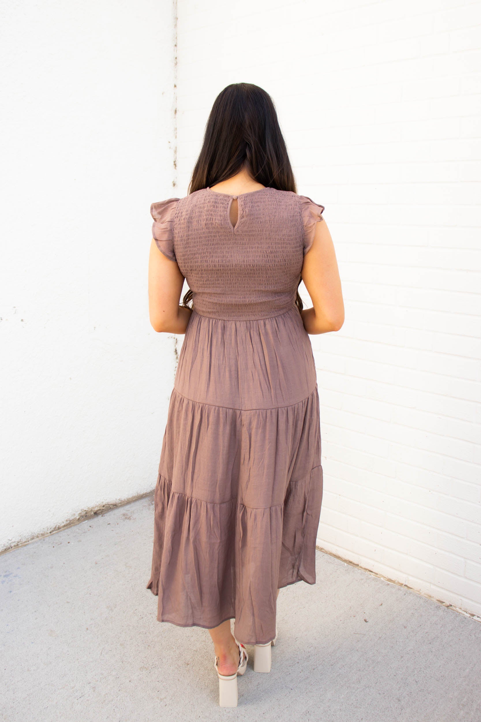 Krysta Smocked Tiered Midi Dress | Mocha