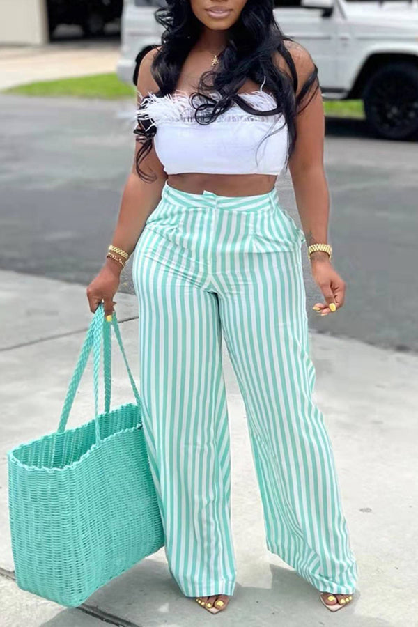 High Waist Striped Wide Leg Pants