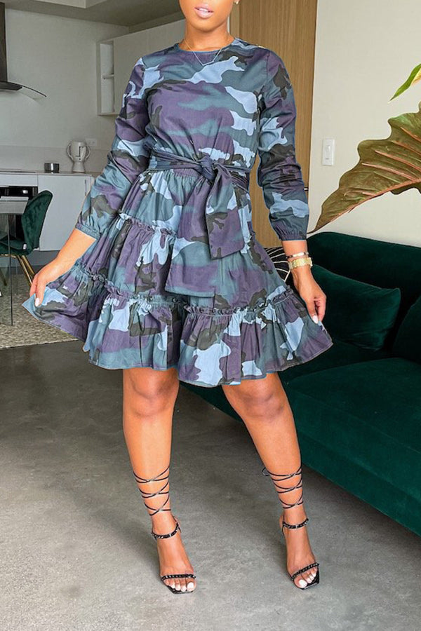 Camo Print Belted Ruffle Hem Dress