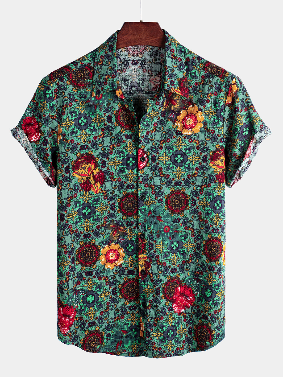 Men's Vintage Flower Print Cotton Short Sleeve Shirt