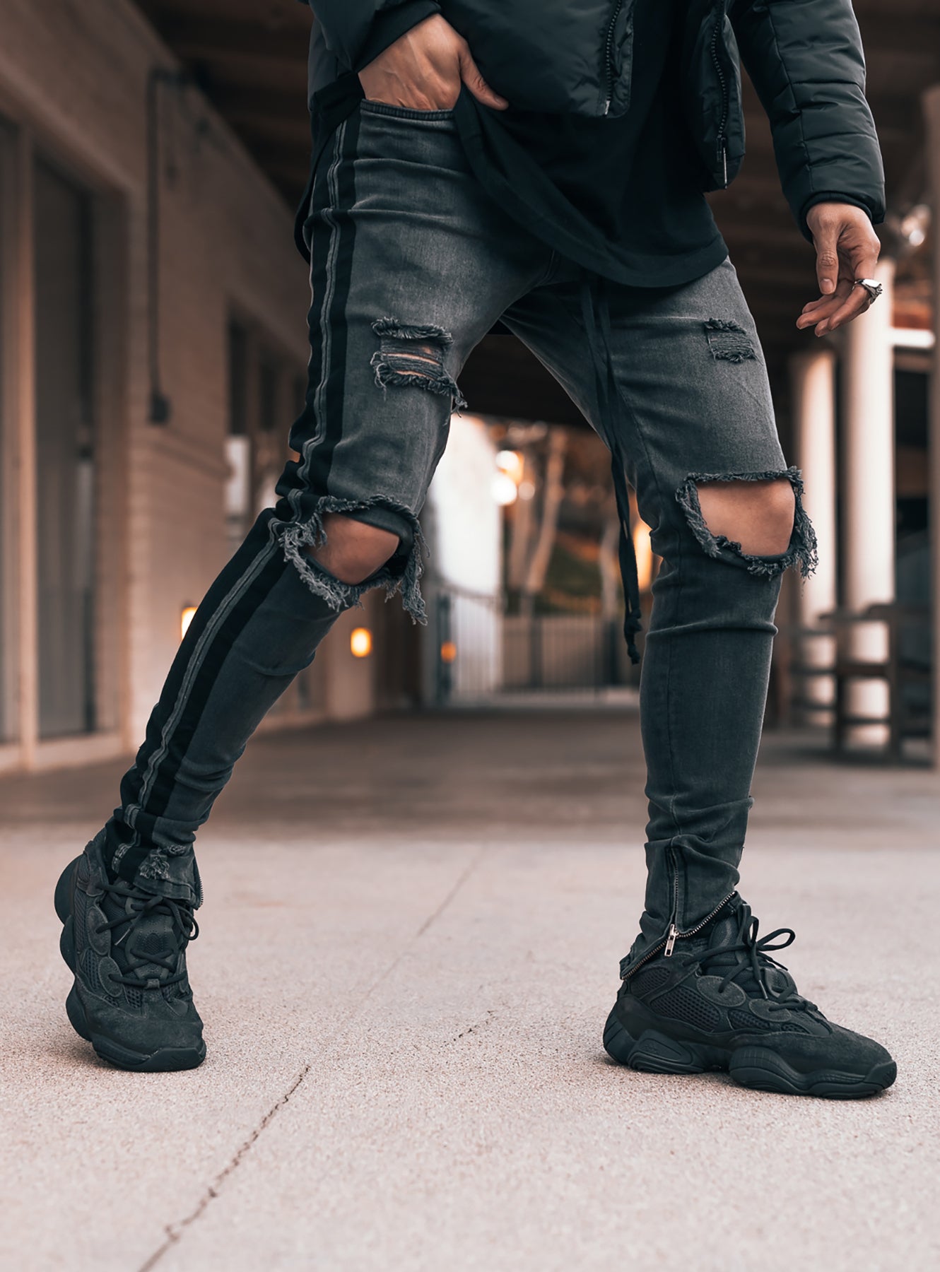 Double Striped Track Jeans in Dark Grey and Black