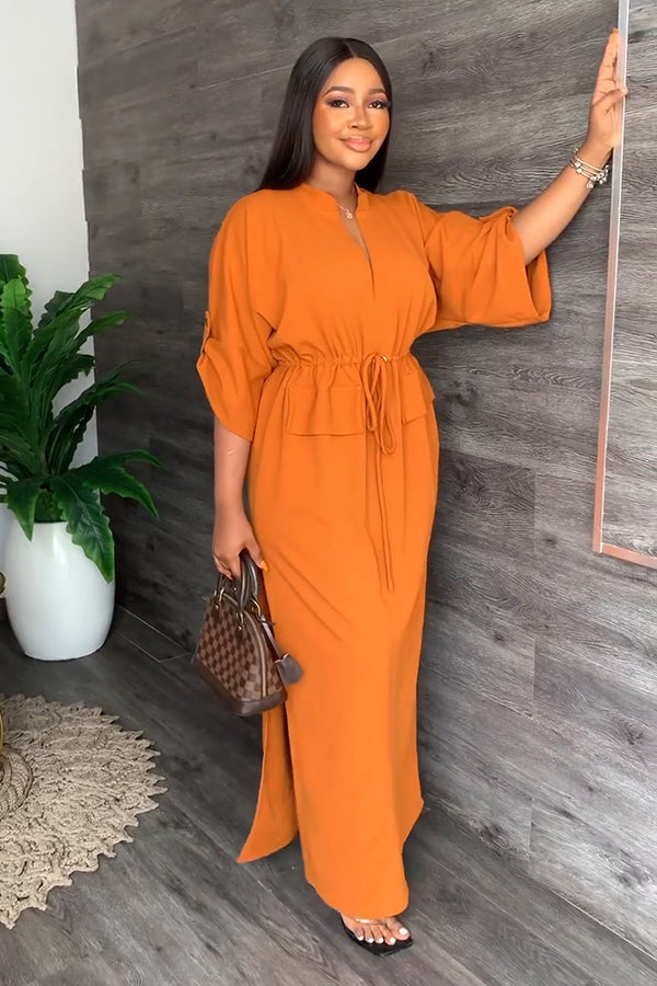 Mom Loose V Neck Tie Dress