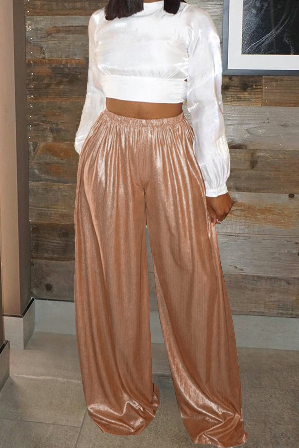 Bronzing Elastic Waist Wide Leg Pants