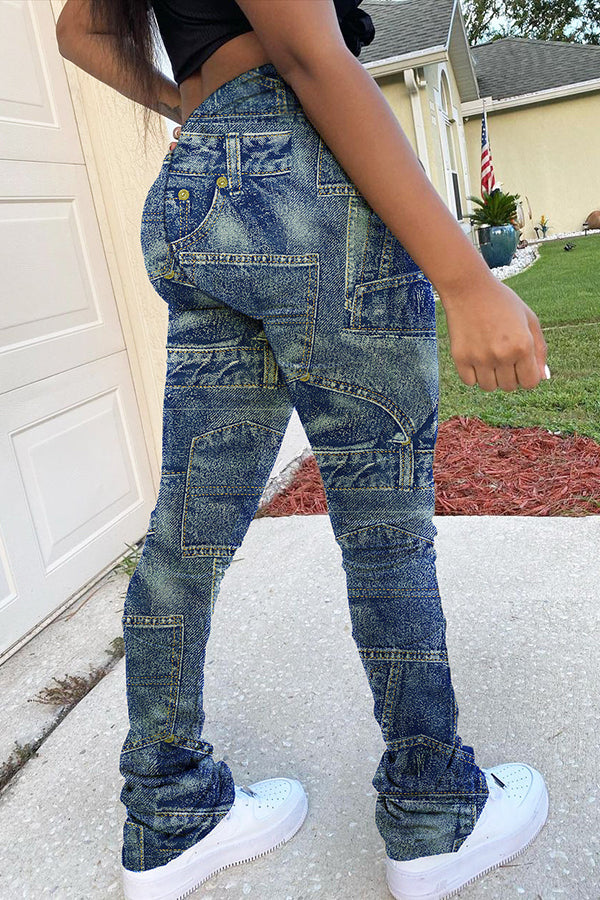 Faux Denim Print Drawstring Stacked Pants