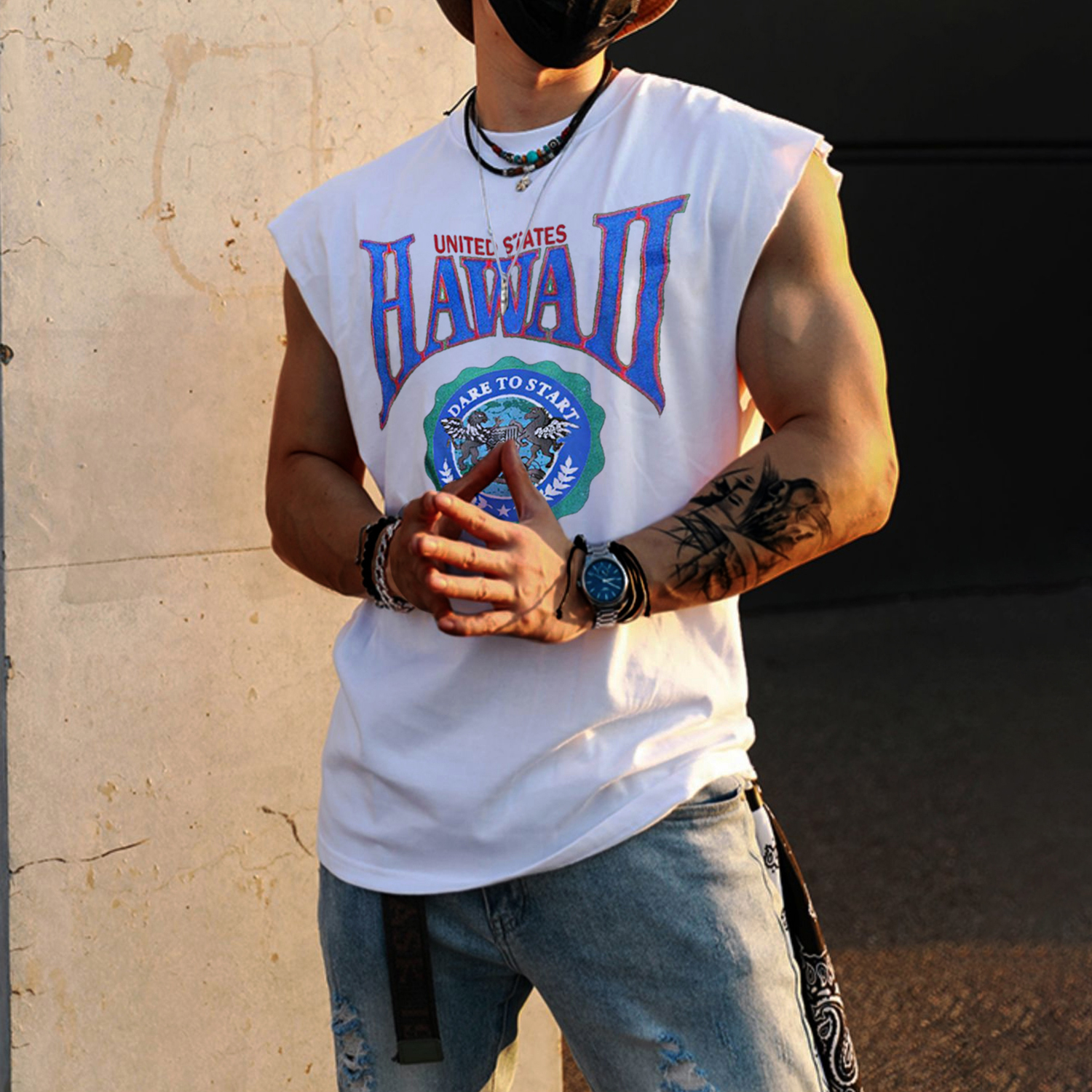 Retro Men's Hawaii Print Tank Top Oversized Sleeveless T-shirt