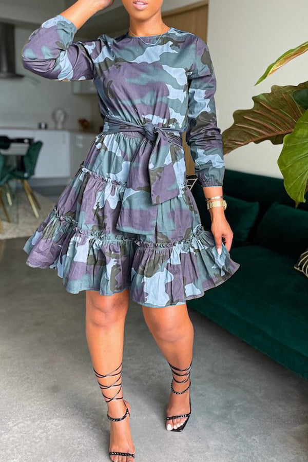 Camo Print Belted Ruffle Hem Dress