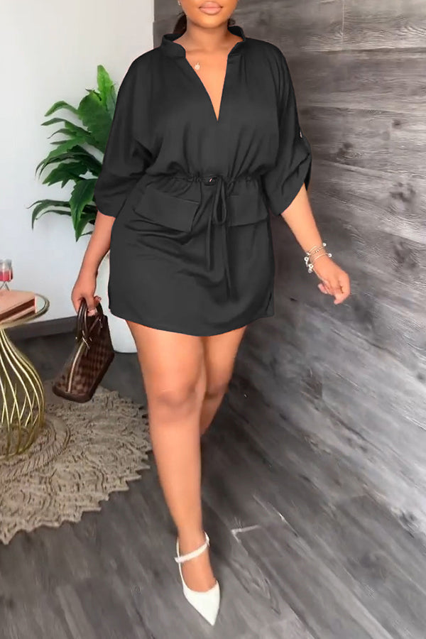Notch Neck Drawstring Waist Dress