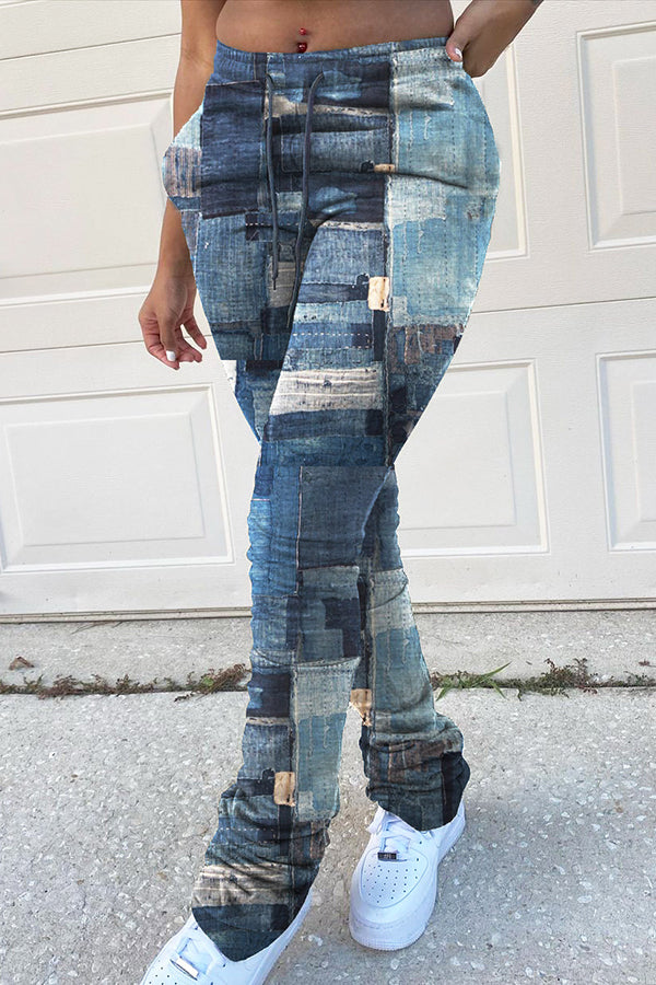 Faux Denim Print Drawstring Stacked Pants