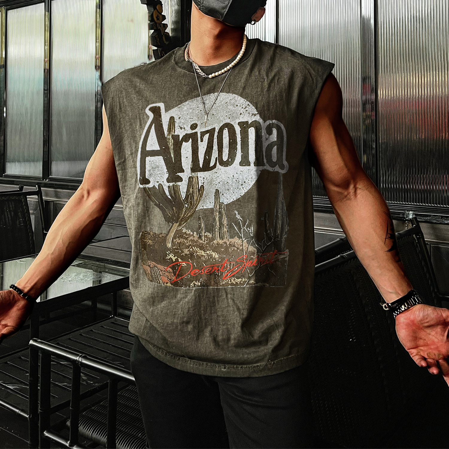 Retro Men's Arizona Print Tank Top Oversized Sleeveless T-shirt