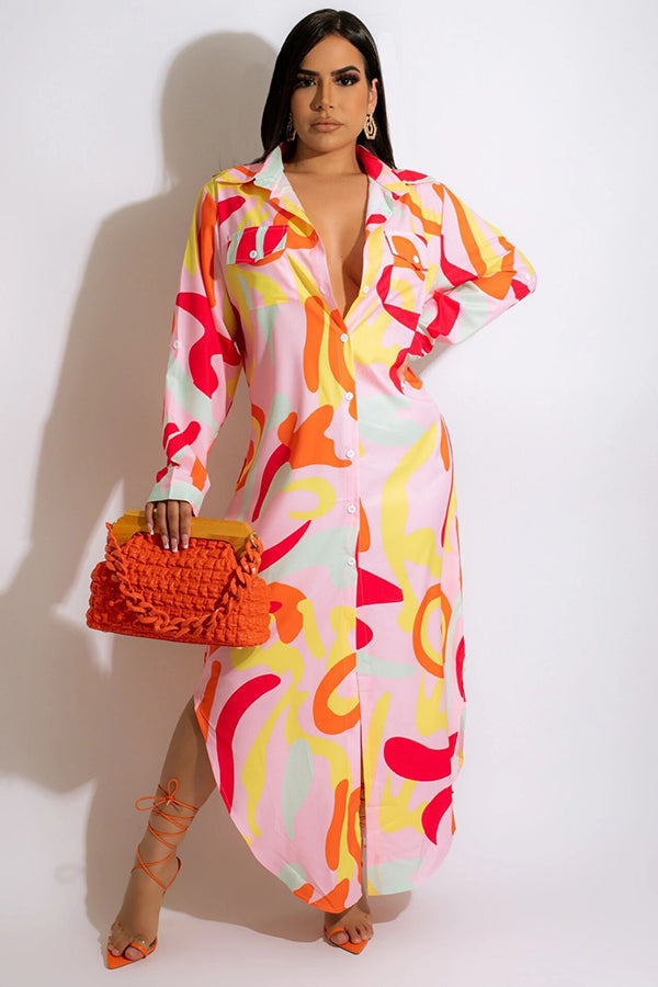 Allover Print Stylish Lapel Shirt Dress