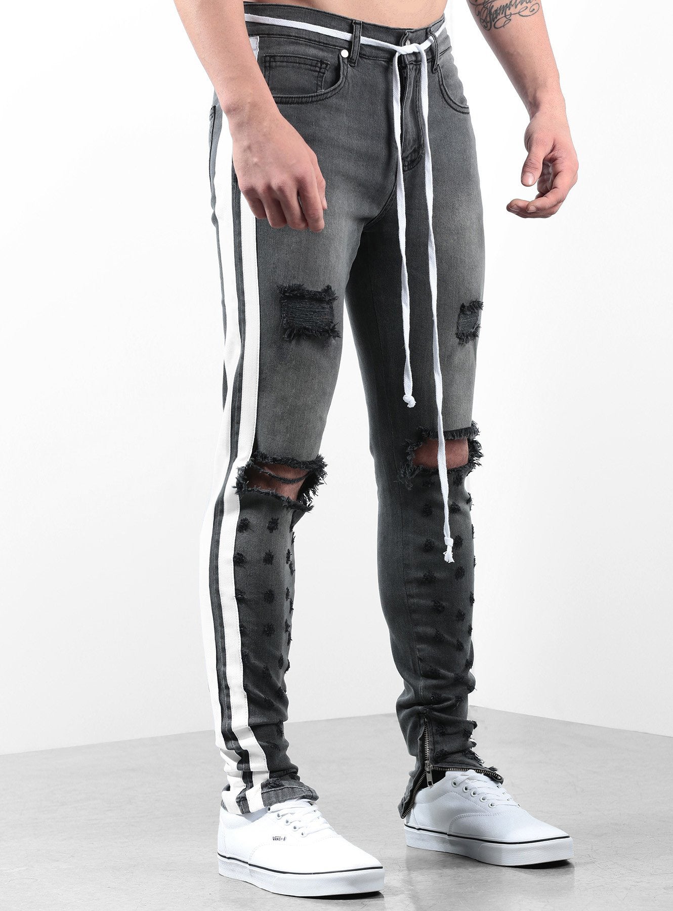 Double Striped Track Jeans V2 in Dark Grey and White