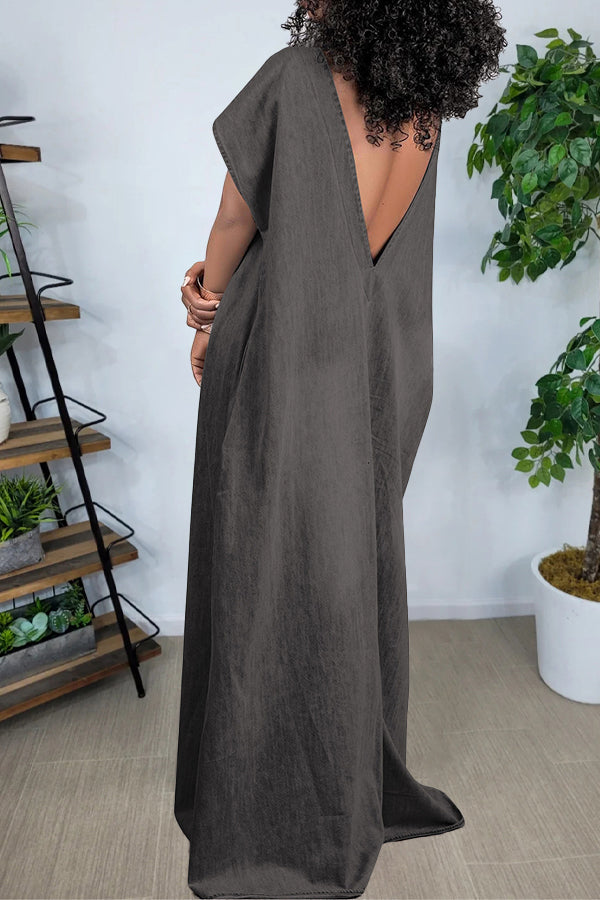 V-Cut Back Denim Maxi Dress