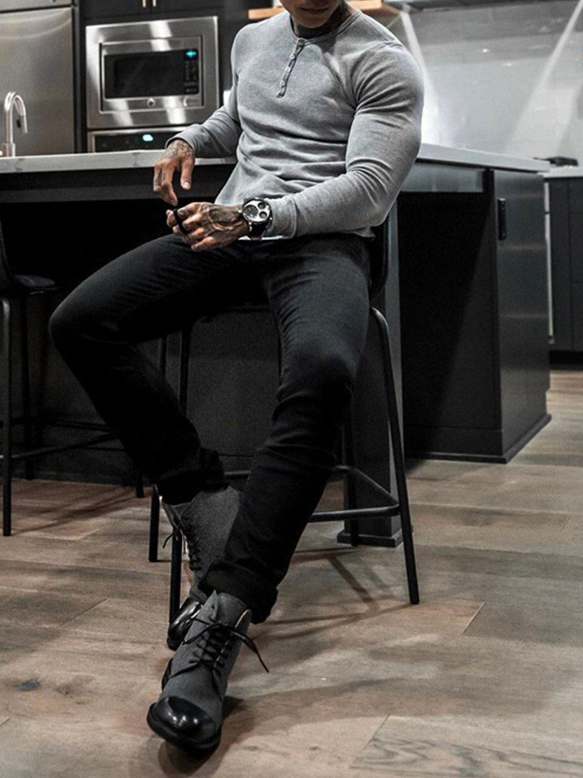 M's Rib Knit Curved Hem Long Sleeve Henley Shirt