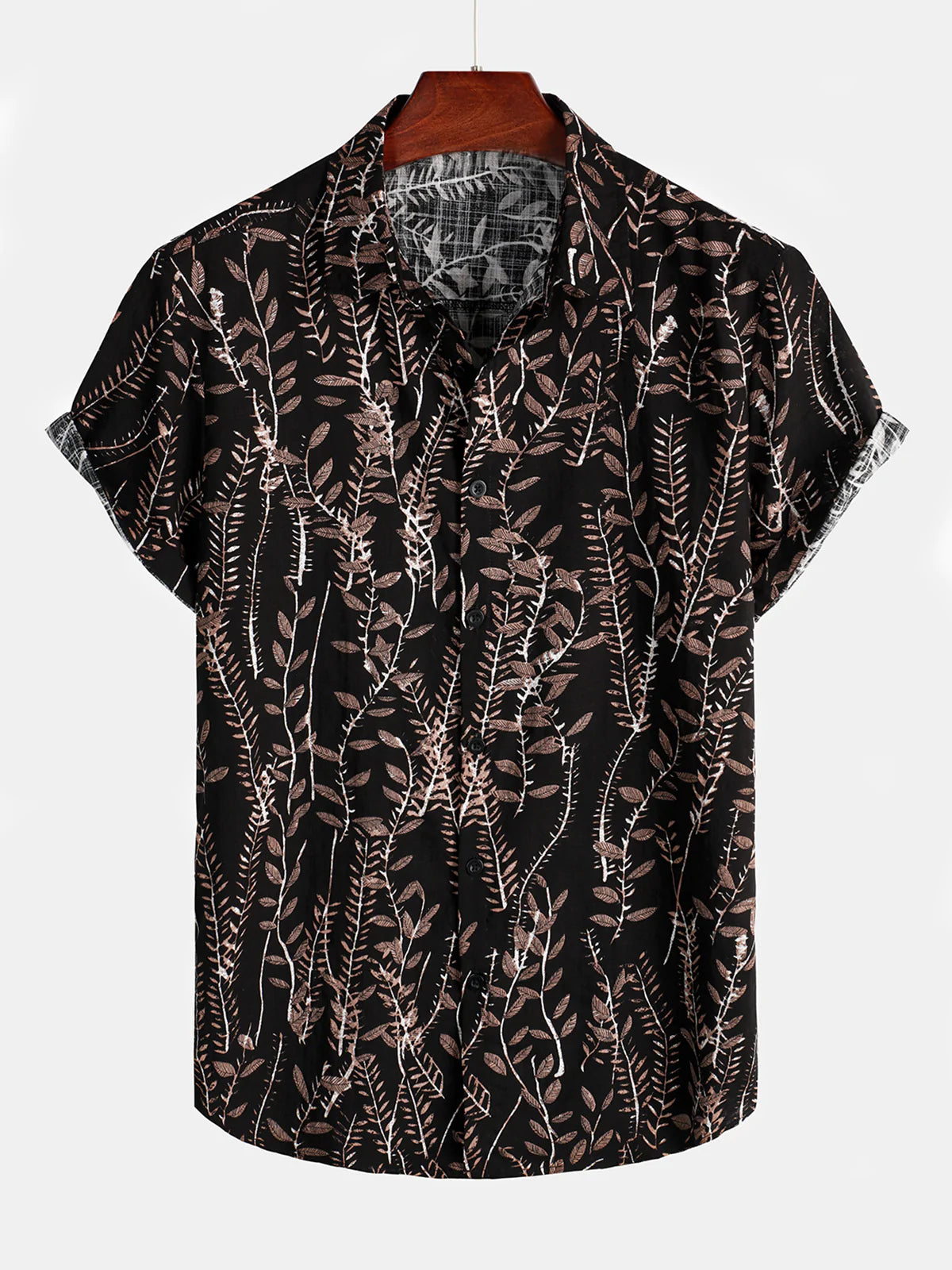 Men's Casual Retro Plant Leaf Black Button Up Summer Short Sleeve Shirt