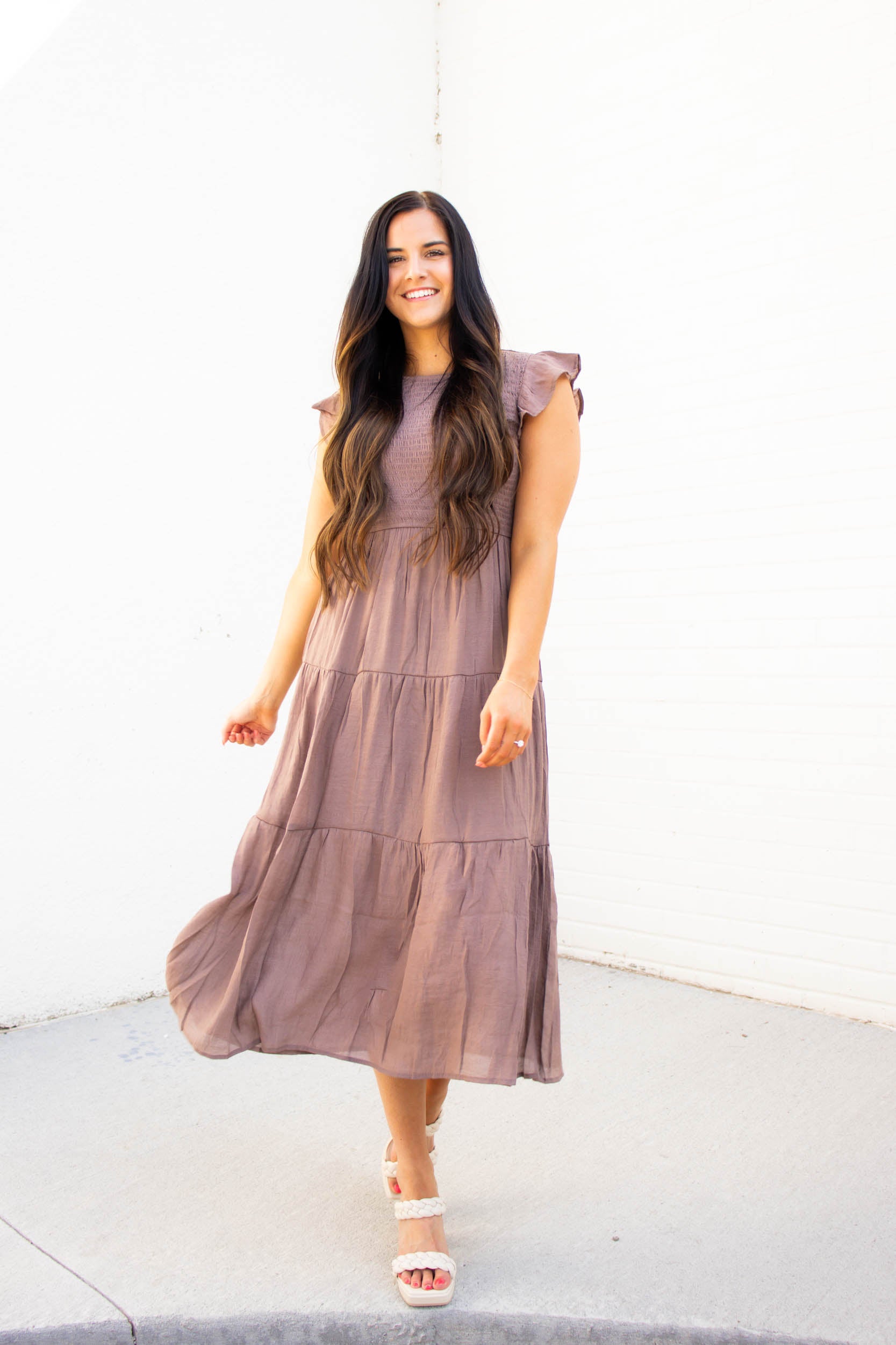 Krysta Smocked Tiered Midi Dress | Mocha