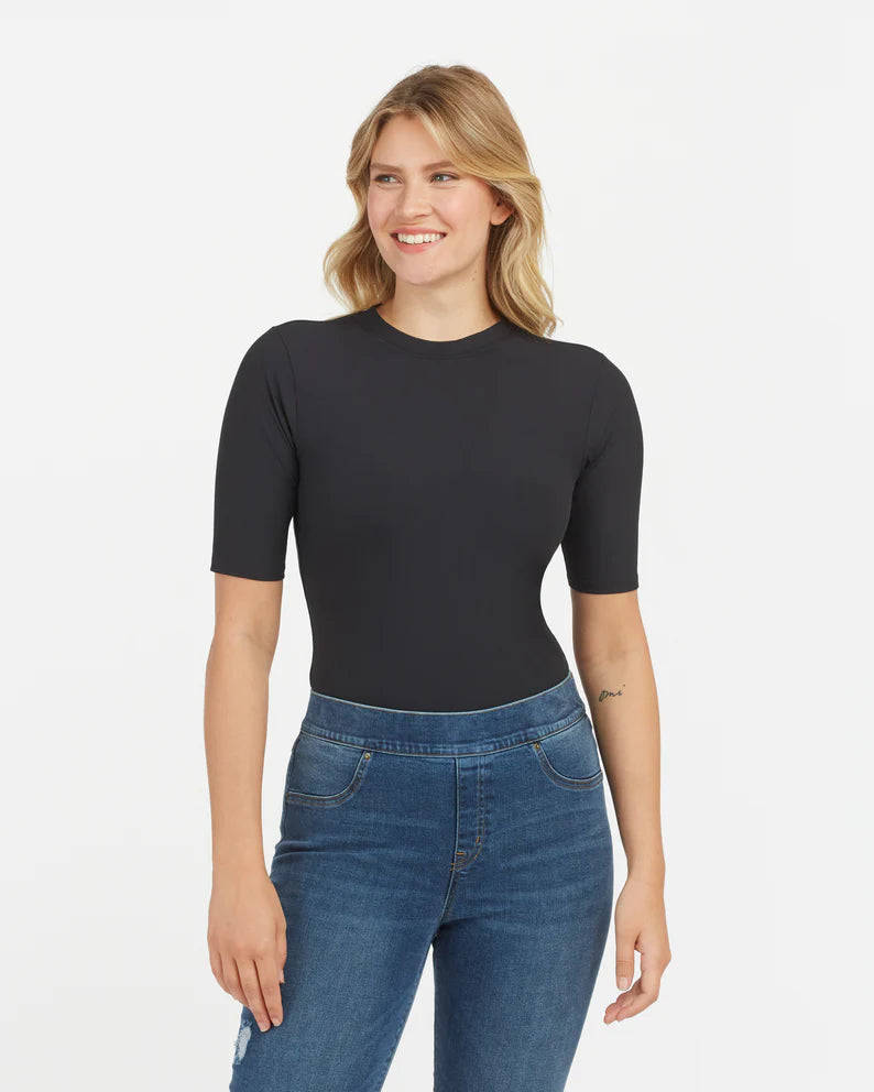 Spanx Suit Yourself Ribbed Crew Neck Short Sleeve Bodysuit | Black