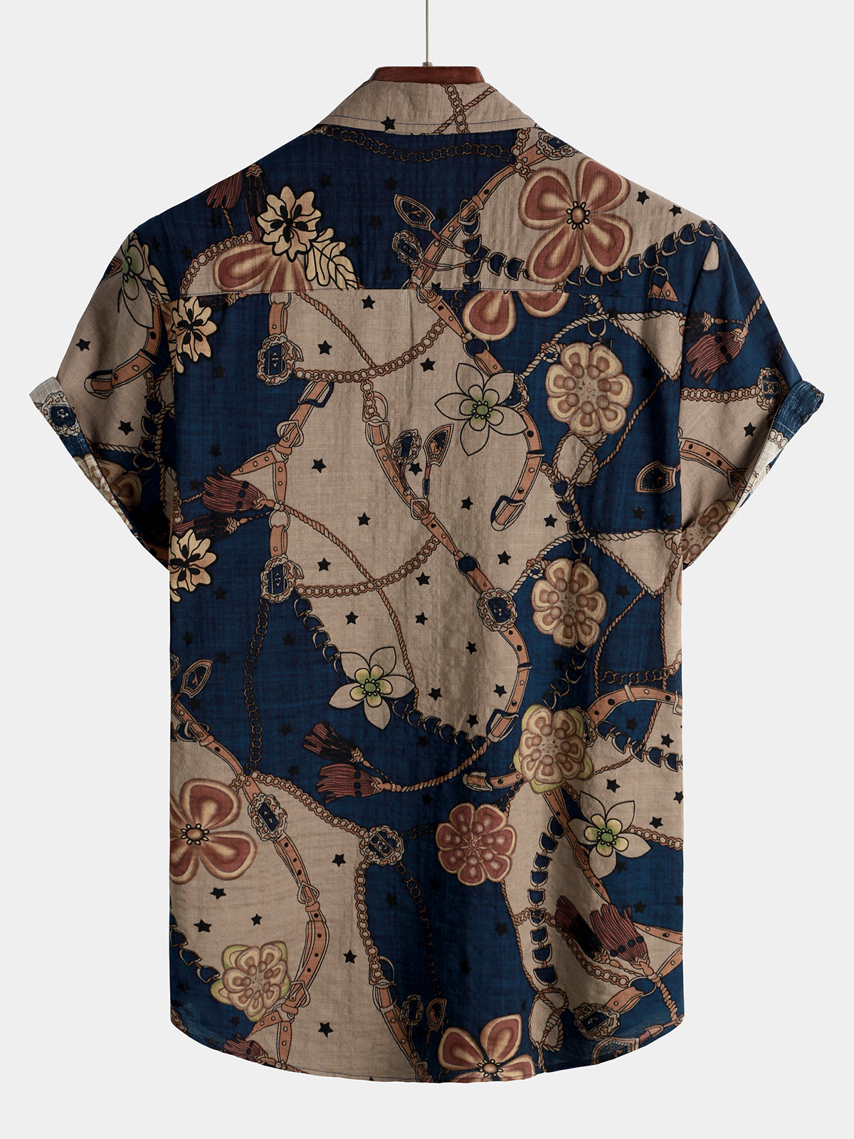 Men's Vintage Floral Print Summer Patchwork Button Up Casual Short Sleeve Shirt