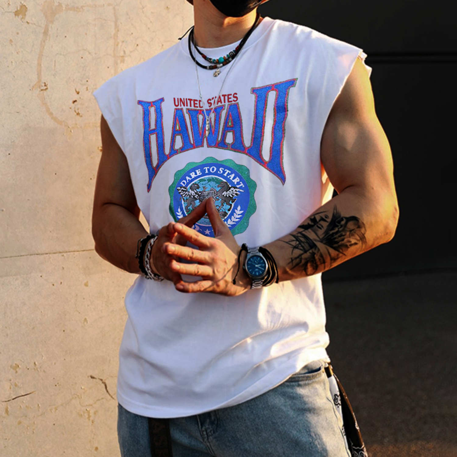 Retro Men's Hawaii Print Tank Top Oversized Sleeveless T-shirt