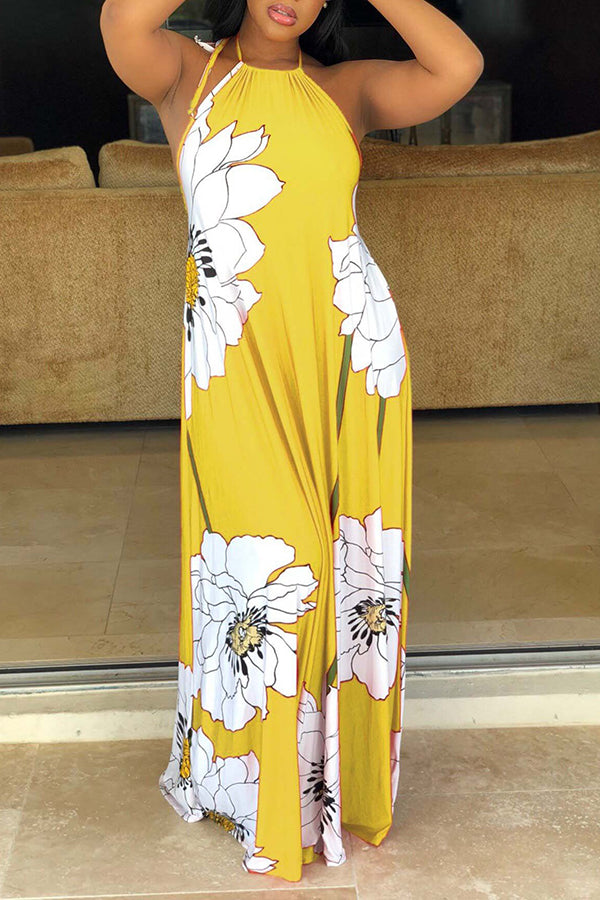 Flower Print Halter Maxi Dress With Headscarf