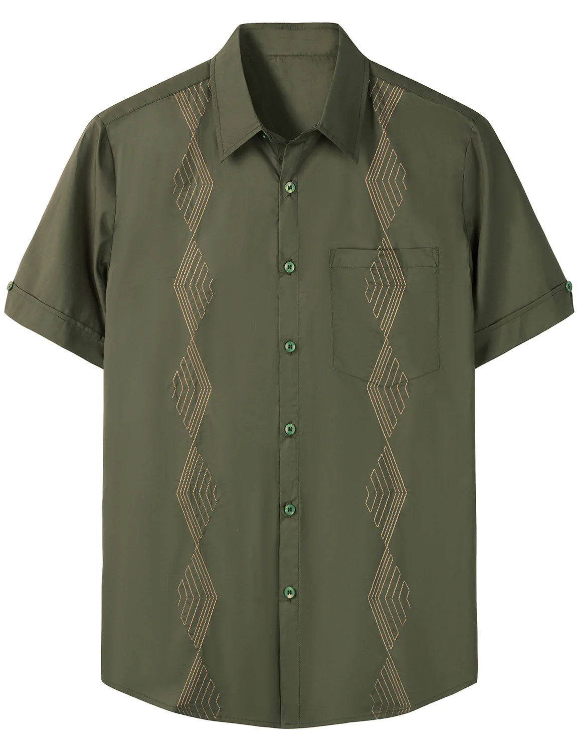 Men's Cotton Guayabera Geometric Embroidered Short Sleeve Button Up Pocket Summer Beach Shirt