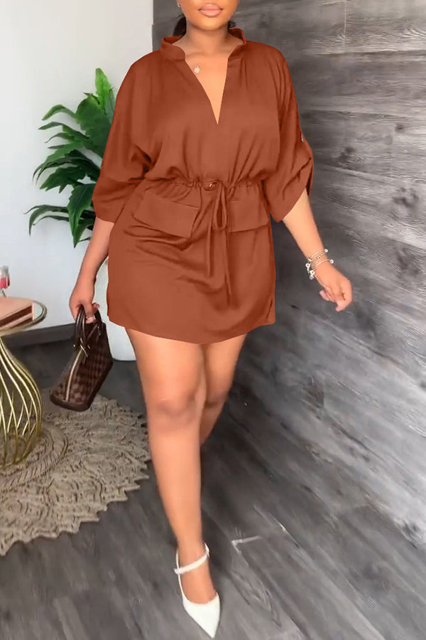 Notch Neck Drawstring Waist Dress