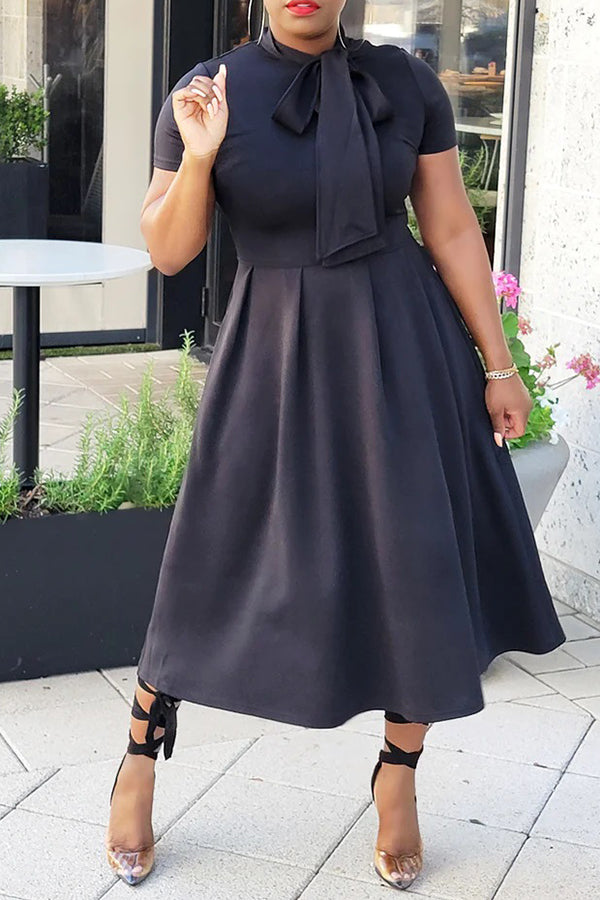 Tied Neck Short Sleeve A-line Dress