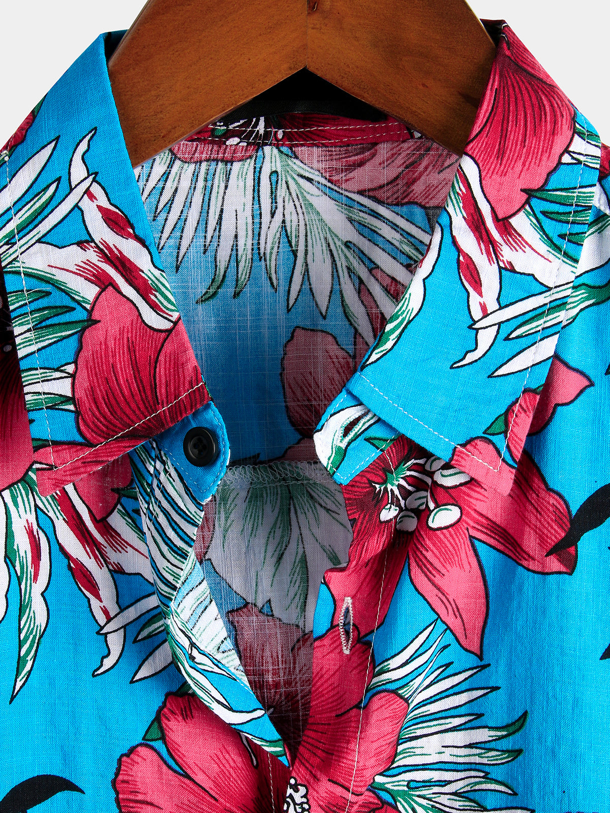 Men's Blue Flower Tropical Hawaii Cotton Short Sleeve Shirt