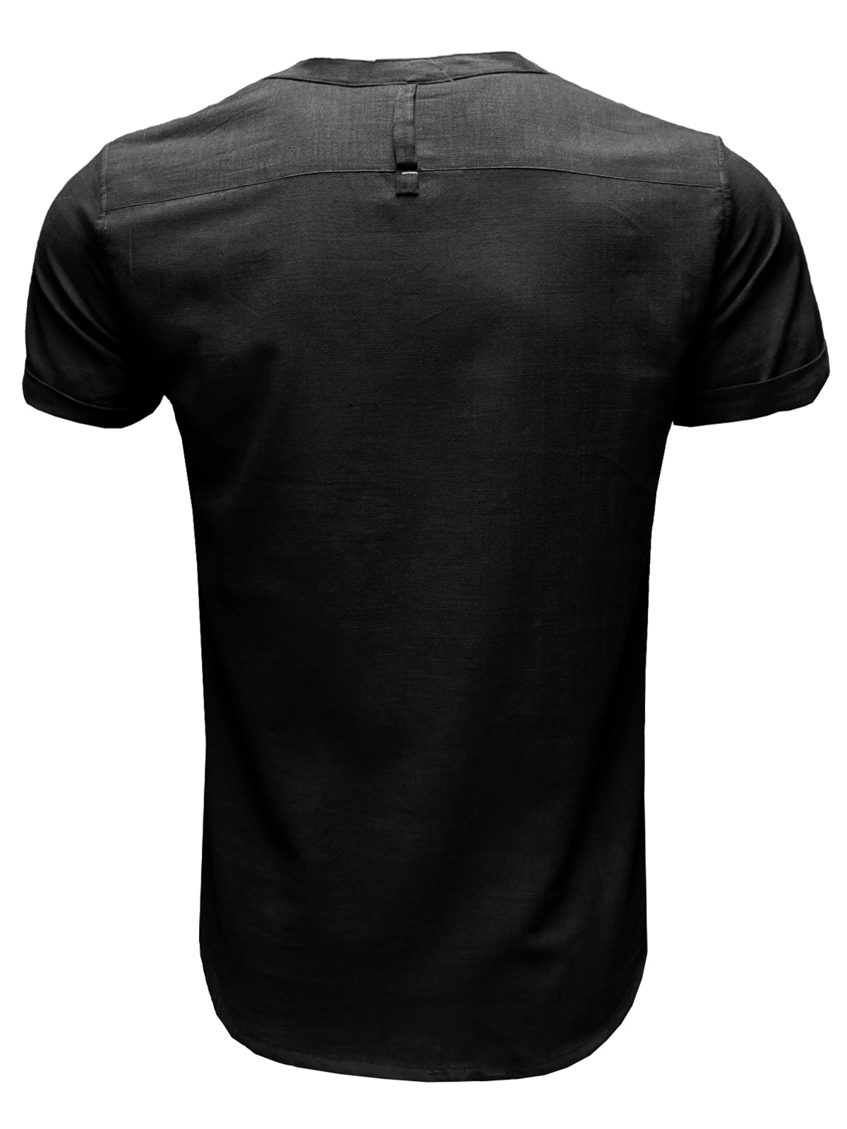 Men's Casual Henry Collar Short Sleeve Solid Color Pocket Cotton Linen Shirt