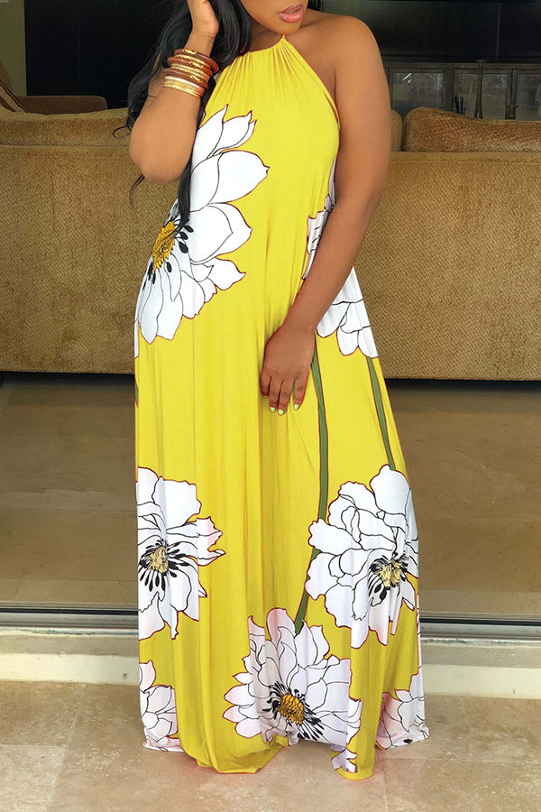 Flower Print Halter Maxi Dress With Headscarf