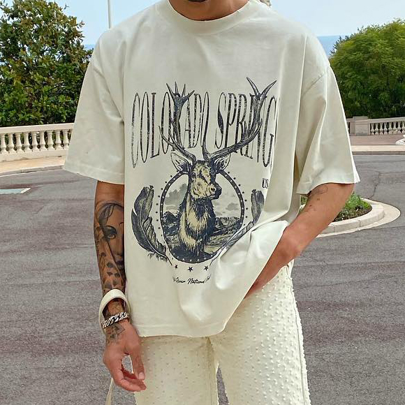 Men's Street Retro Fashion Loose Casual Beige Letters Print Short Sleeve T-Shirt