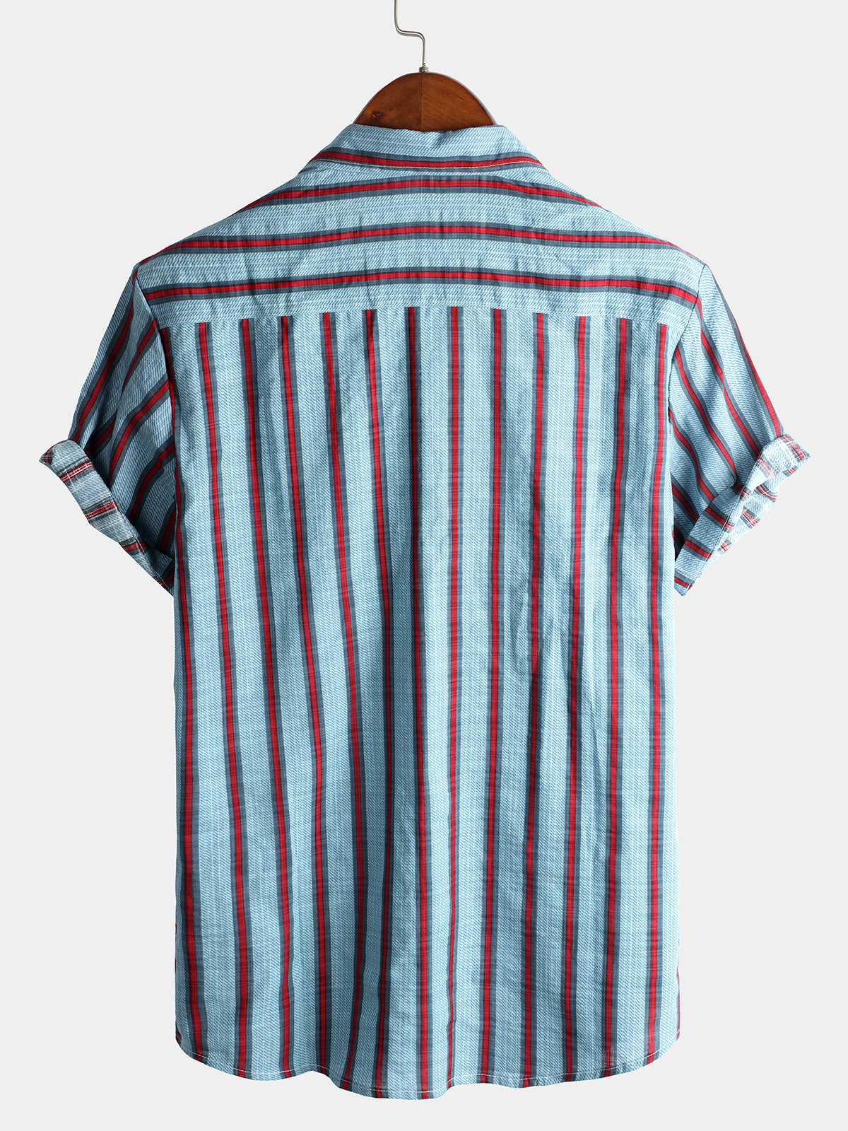 Men's Blue Striped Casual Cotton Short Sleeve Button Up Shirt