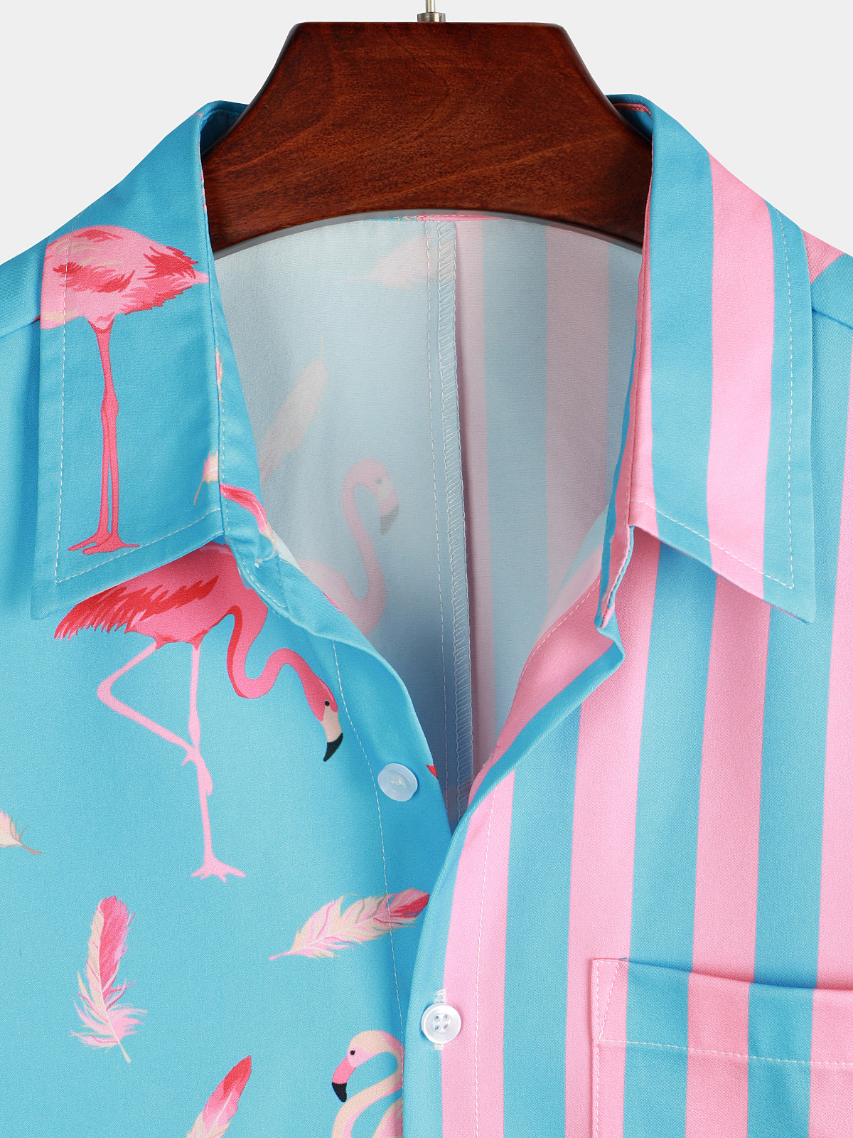 Men's Flamingo & Striped Print Pocket Short Sleeve Shirt