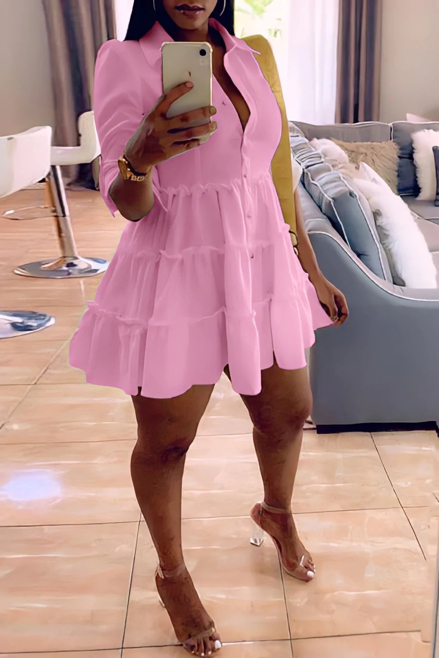 Frill Trim Button Up Shirt Dress
