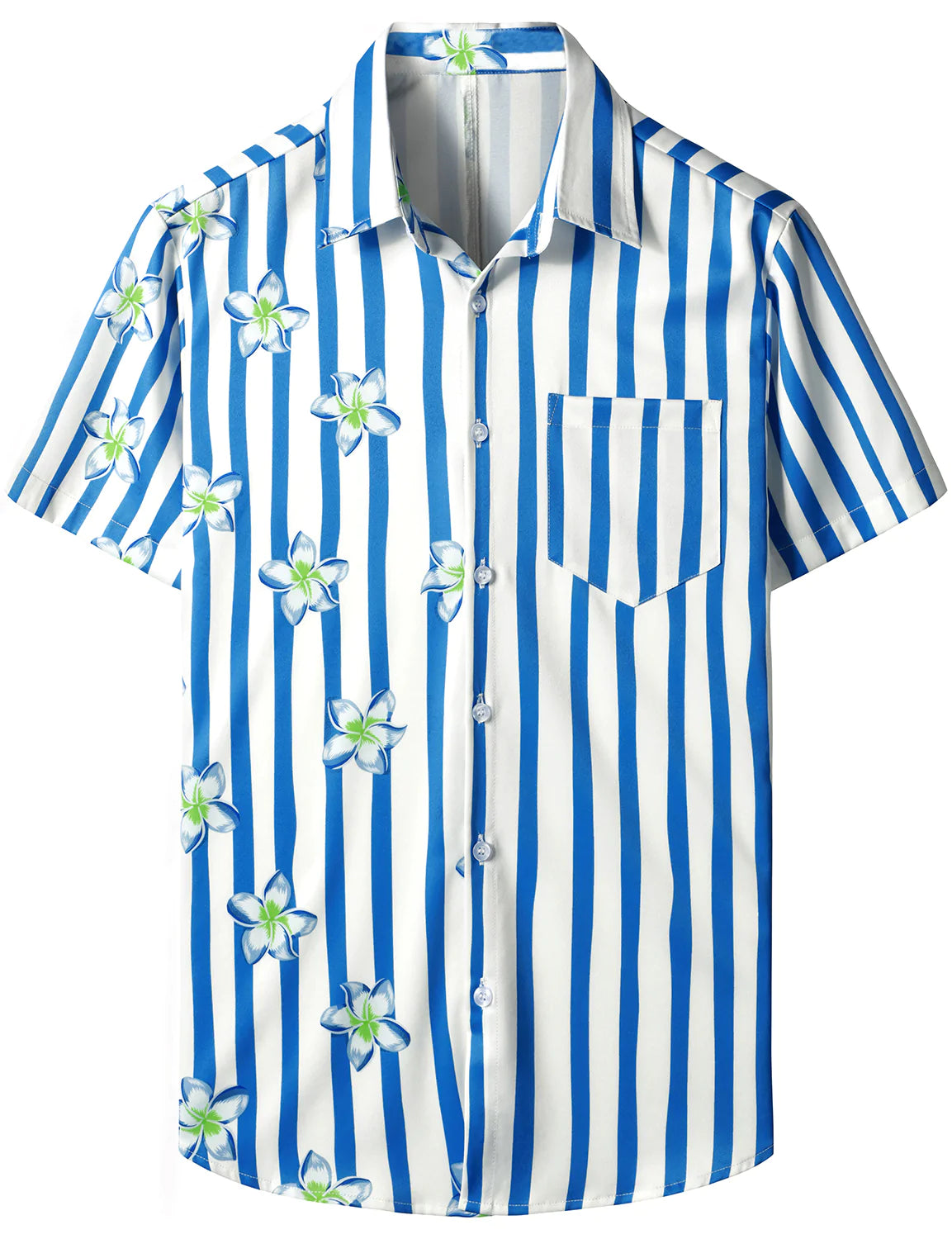 Men's Floral Blue and White Striped Print Summer Casual Flowers Aloha Short Sleeve Hawaiian Shirt