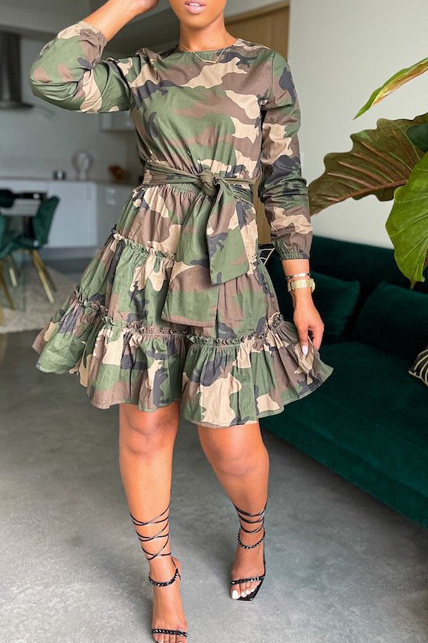 Camo Print Belted Ruffle Hem Dress