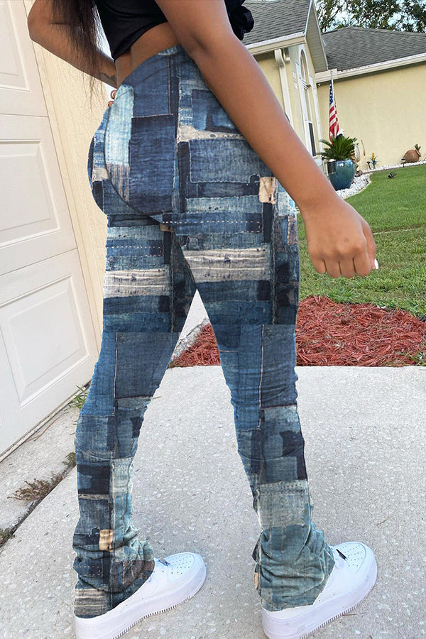 Faux Denim Print Drawstring Stacked Pants