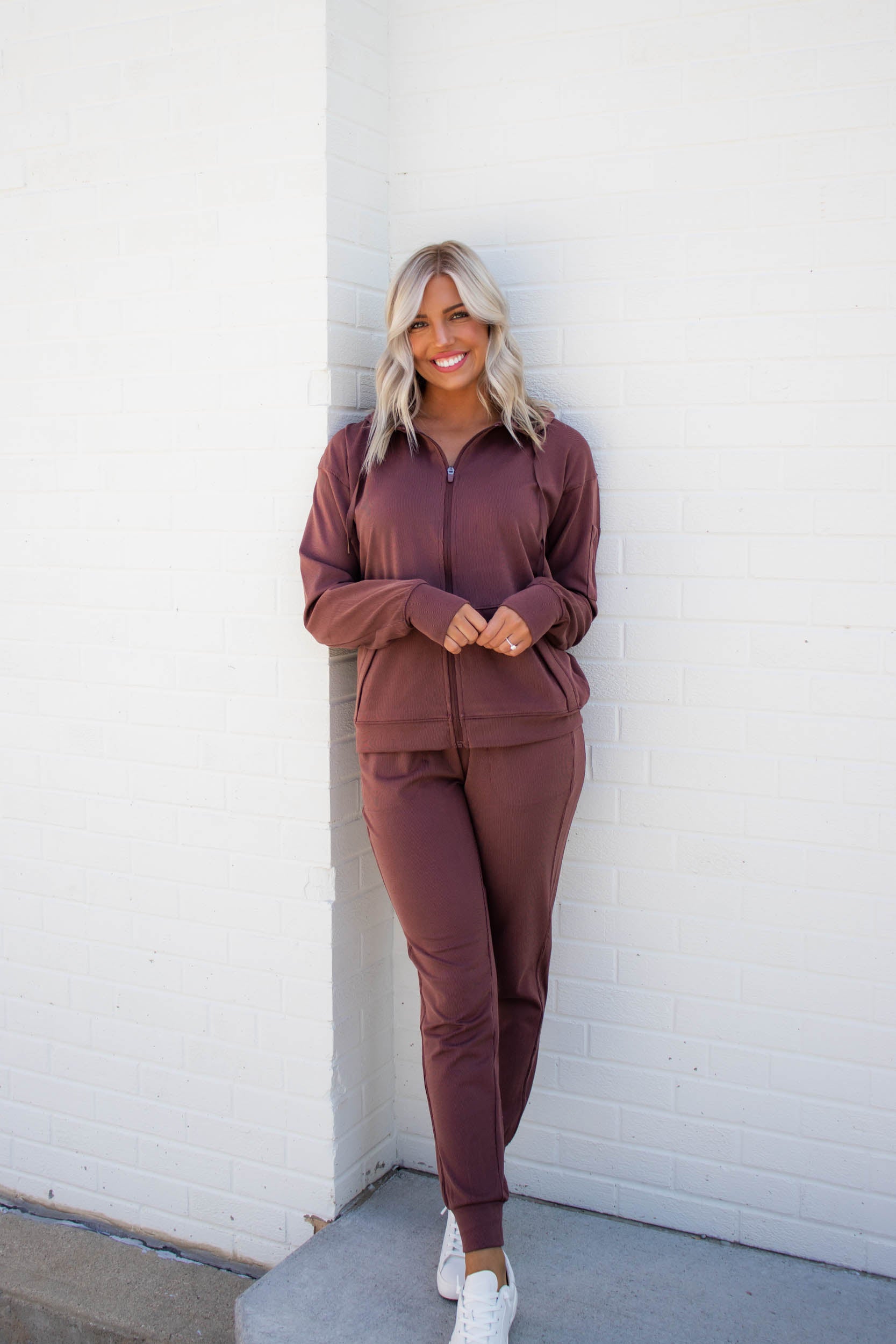 Brianne Ribbed Zip Up Hoodie | Cherrywood