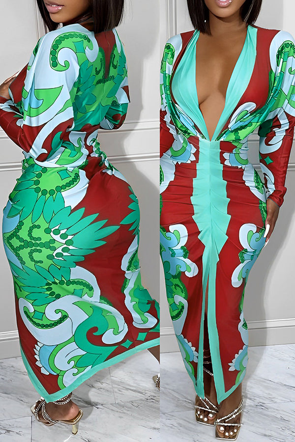 Deep V Printed Slim Maxi Dress