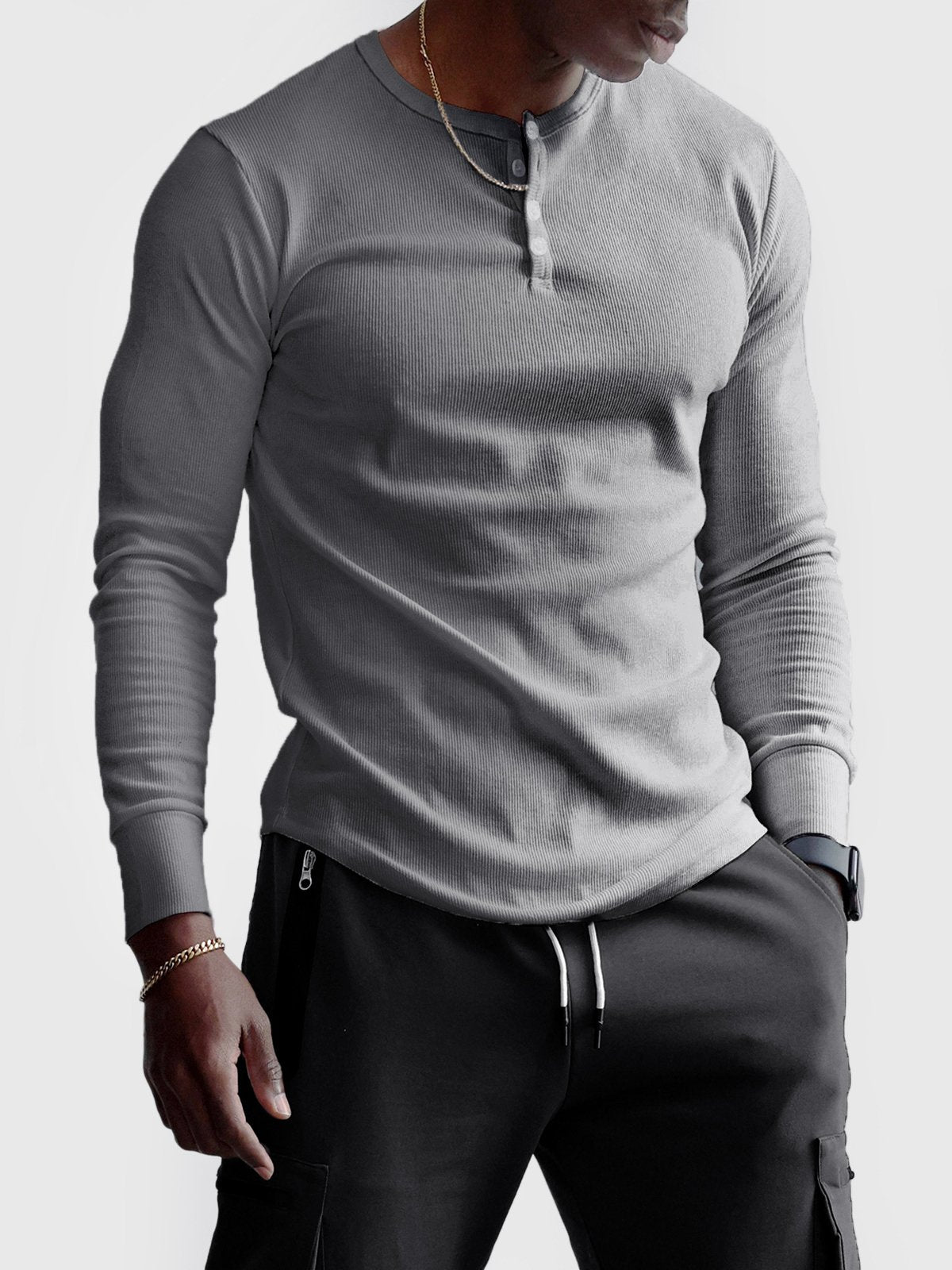M's Rib Knit Curved Hem Long Sleeve Henley Shirt