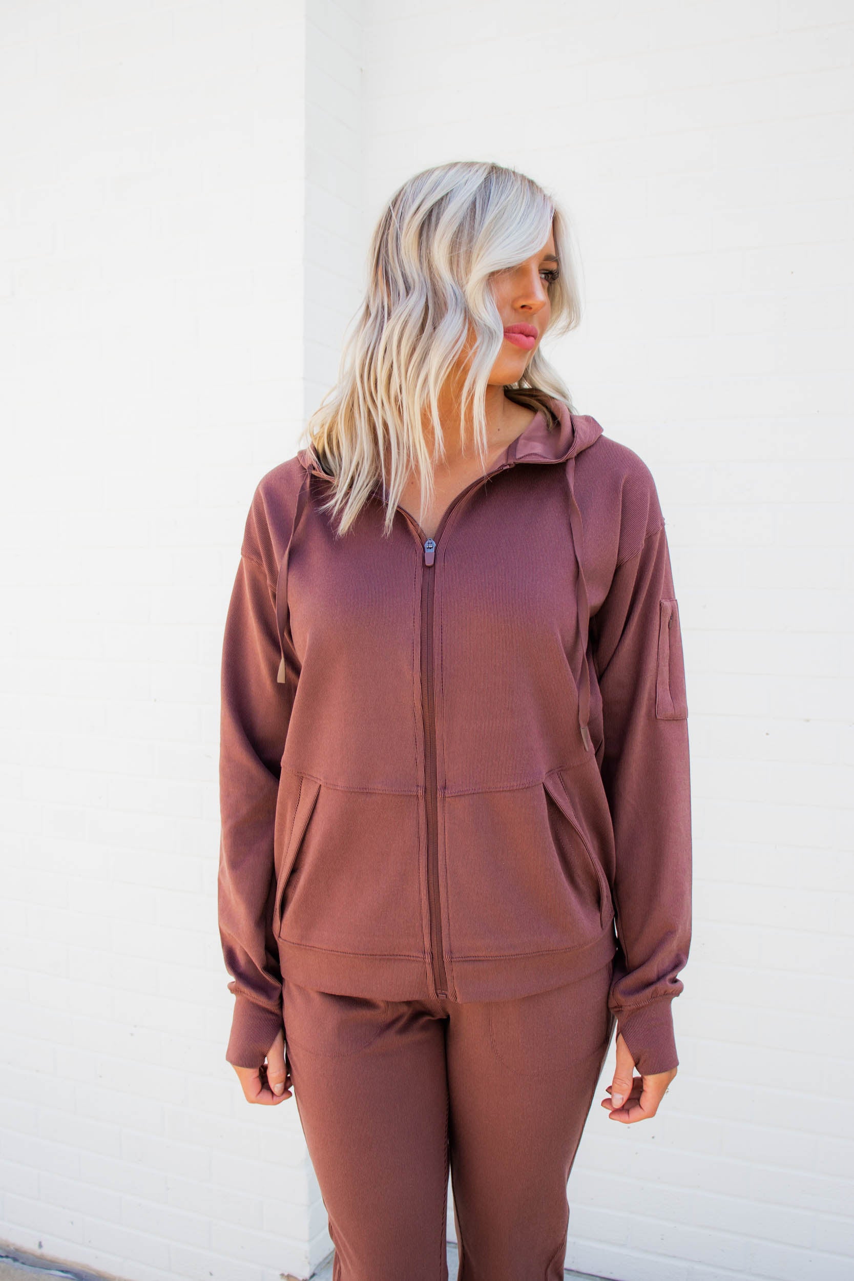 Brianne Ribbed Zip Up Hoodie | Cherrywood