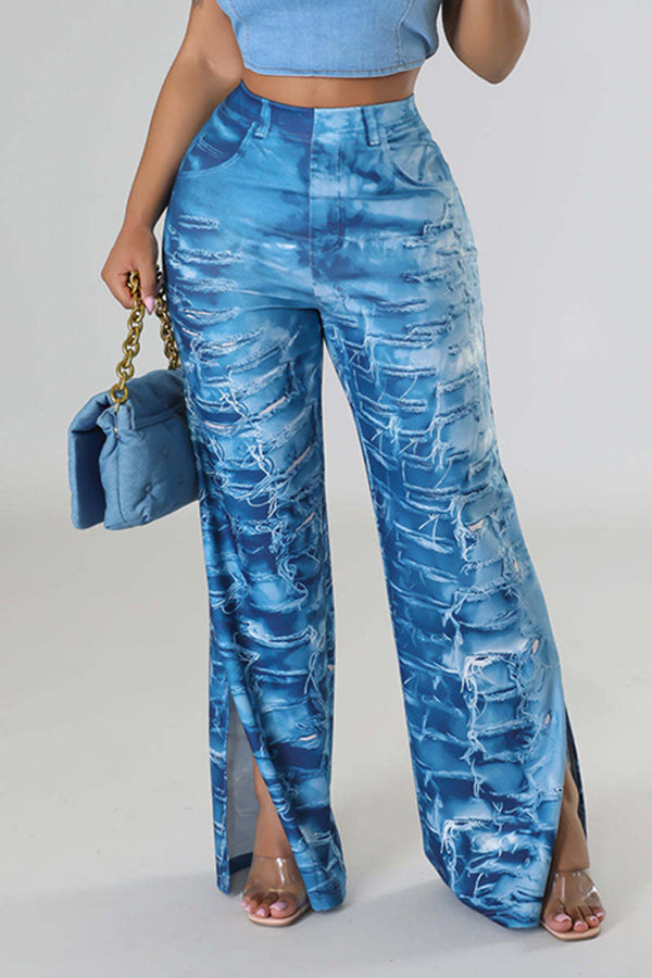 Imitation Denim Print Slit Pants