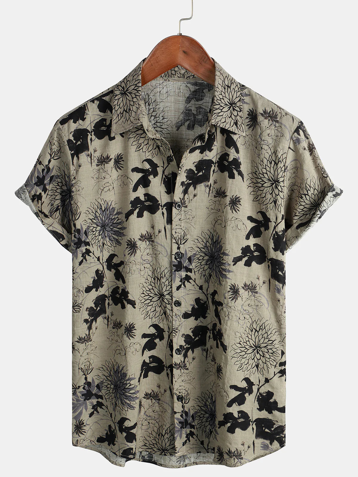 Men's Retro Flower Print Floral Button Up Vintage Holiday Short Sleeve Shirt