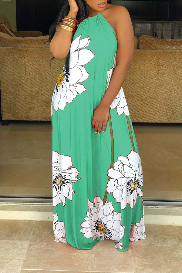 Flower Print Halter Maxi Dress With Headscarf