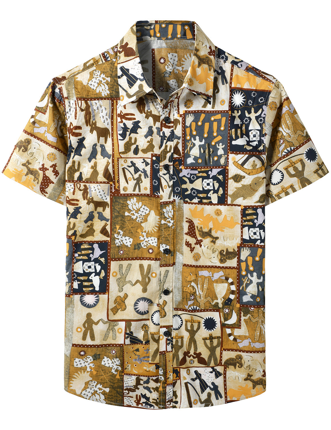 Men's Patchwork Tribal Print Button Up Retro Cotton Short Sleeve Bohemian Brown Summer Shirt
