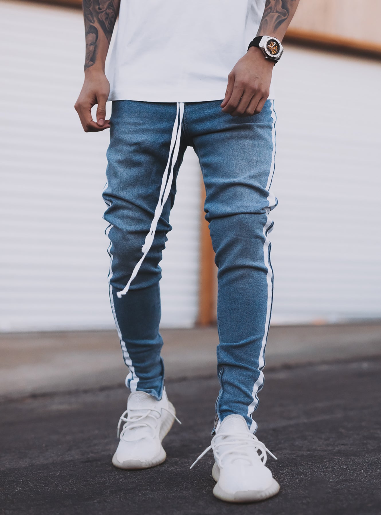 Double Striped Track Jeans V1 in Blue and White