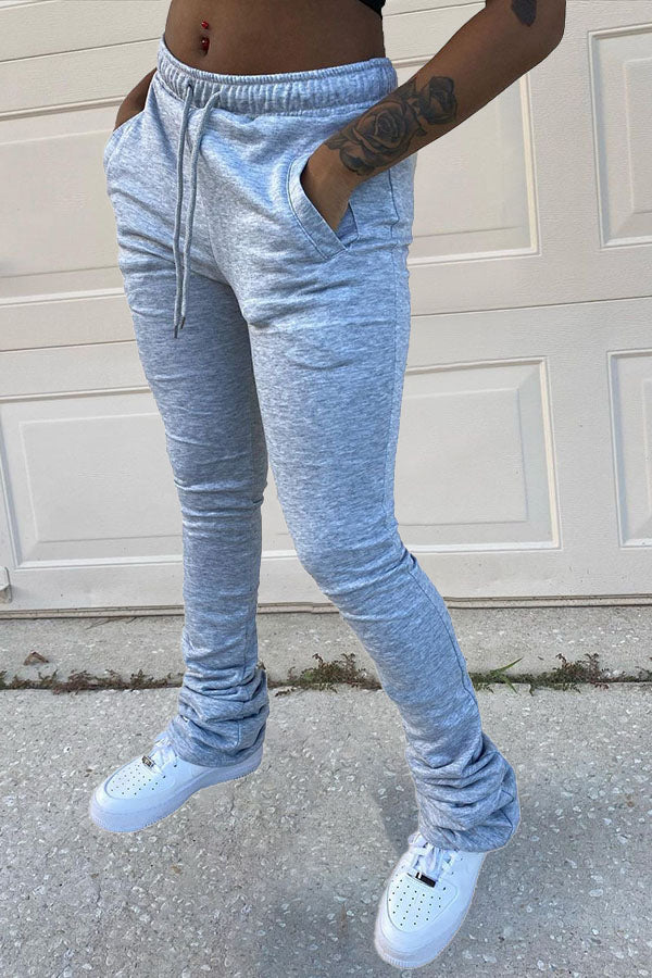 Faux Denim Print Drawstring Stacked Pants
