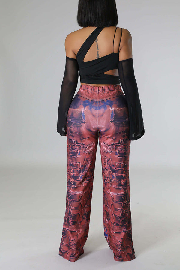 Imitation Denim Print Slit Pants