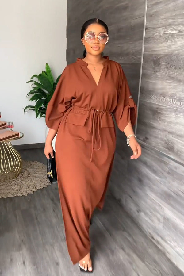 Mom Loose V Neck Tie Dress
